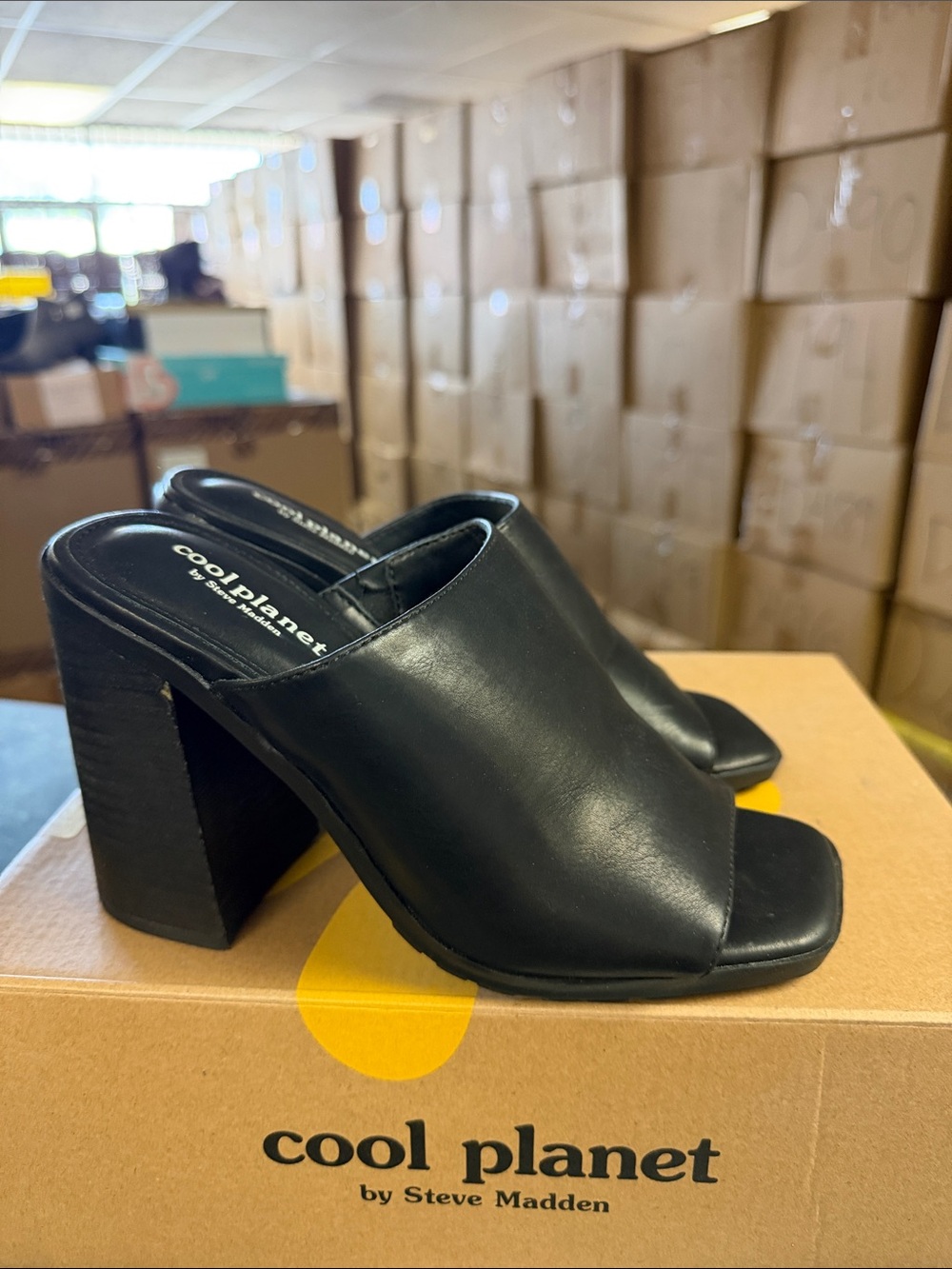 Steve Madden Black Leather Block Heel Mule - Open Toe Slip-On